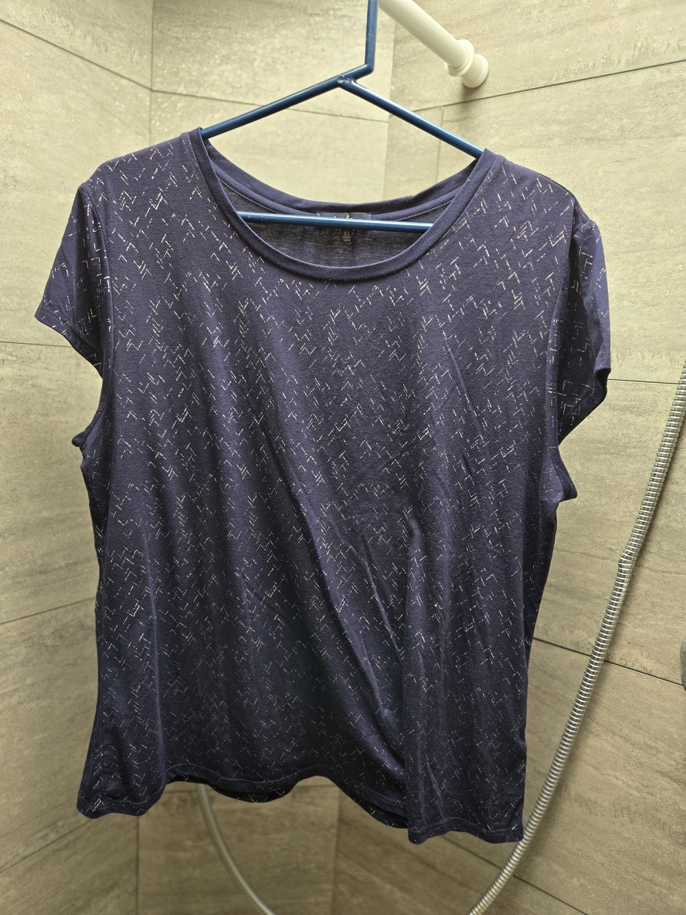 Angels Navy Short Sleeve Crewneck Top with Subtle Stitch Pattern